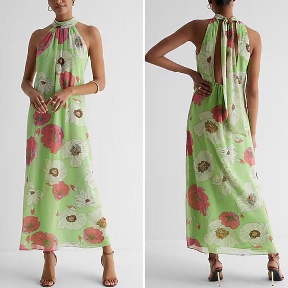 New! Express Floral Print Tie Halter Neck Open Back Maxi Dress,‎ size L - Picture 1 of 16